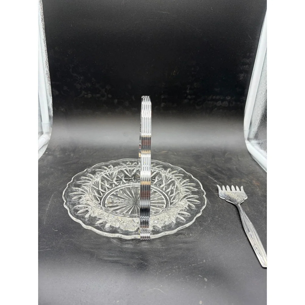 Vintage Pressed Glass Relish Dish with Chrome Handle and‎ Serving Fork Set